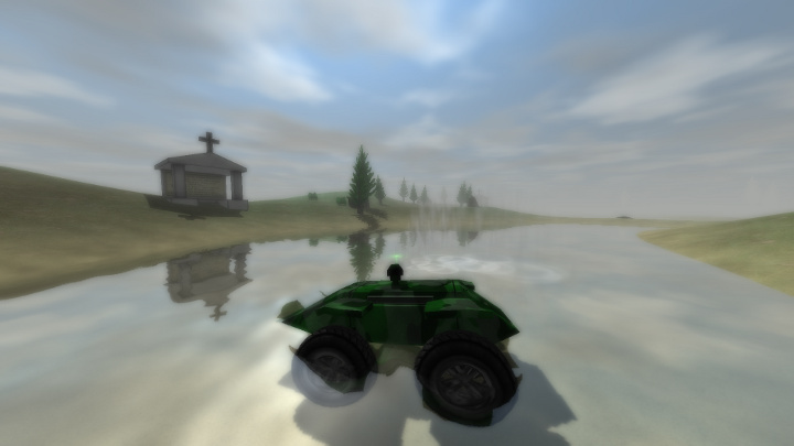 Image of an all terrain vehicle driving in water rendered using David Piuva's graphics engine