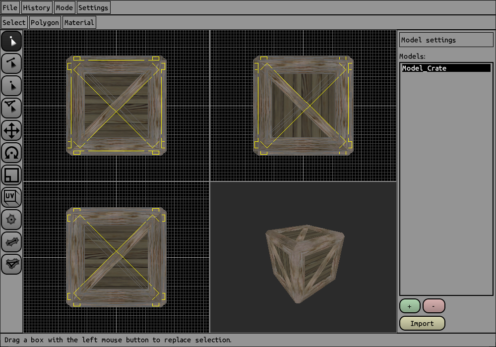 Image of the model editor with three flat views and one perspective view of a wooden crate being edited.