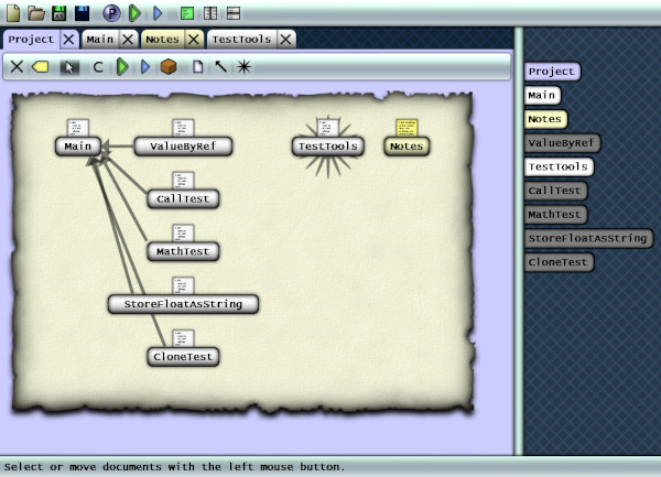 Image of what the graphical project overview looks like with a burnt treasure map theme and freely placed modules